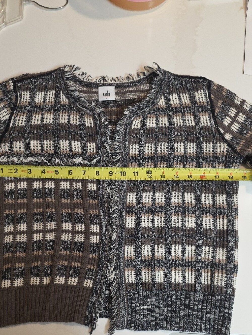 CAbi Brown White Plaid Fringe Trim Open-Front Cardigan Women's Small GUC - Picture 5 of 5